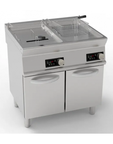 Friggitrice elett. su mobile trifase-16,5+16,5kw, controllo elettr. - 2 vasche con resistenze rotanti 17+17Lt. - cm 80x70x90h