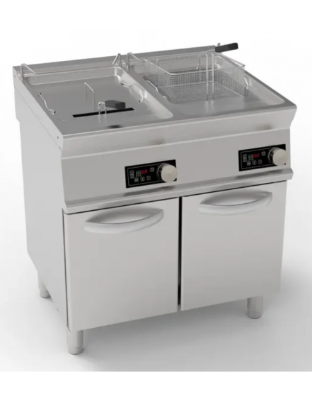 Friggitrice elettrica su mobile, 2 vasche da Lt 17+17 con resistenze rotanti, controllo elettronico, trifase Kw33 - cm 80x70x90h