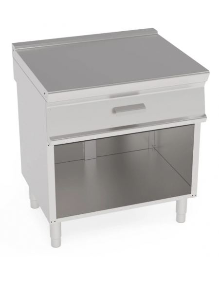 Piano di lavoro in acciaio inox con piano rinforzato, con cassetto su vano aperto cm 73x57,4x39,5h - dim tot. cm 80x70x90h