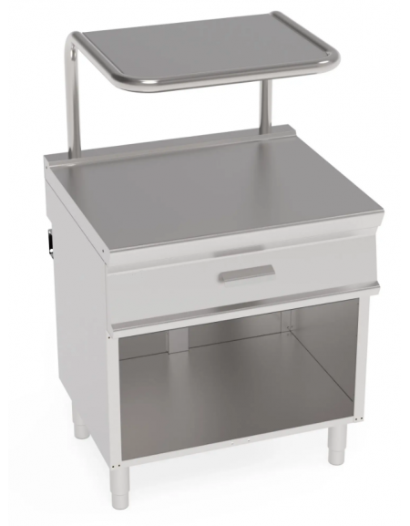 Piano di lavoro inox, con cassetto su vano aperto cm 73x57,4x39,5h e supporto salamandra - cm 80x70x90h