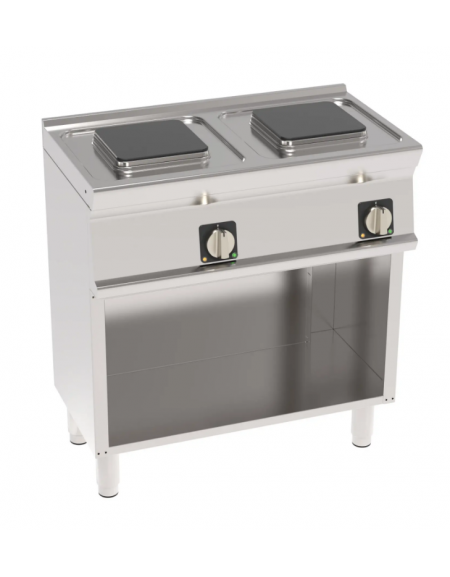 Cucina elettrica acciaio inox su vano aperto, 2 piastre ermetiche quadrate cm 22x22 - potenza tot Kw 5,2 trifase - cm 80x45x90h