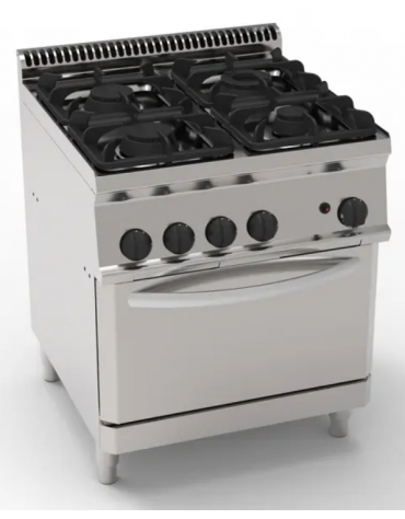 Cucina a gas 4 fuochi, 1x7,2Kw+1x3,3Kw+2x4,5Kw - su forno a gas statico GN2/1 - camera cm 57,5x65x30h - cm 70x70x85h