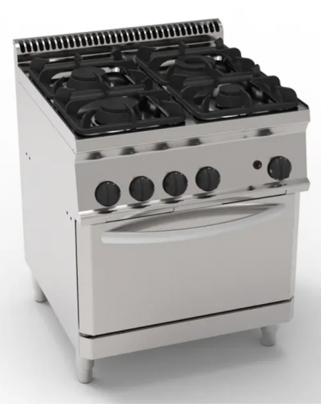 Cucina a gas 4 fuochi, 1x7,2Kw+1x3,3Kw+2x4,5Kw - su forno a gas statico GN2/1 - camera cm 57,5x65x30h - cm 70x70x85h