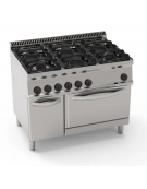 Cucina a gas 6 fuochi, 2x7,2Kw+2x3,3Kw+2x4,5Kw - su forno a gas statico GN2/1 - camera cm 57,5x65x30h - cm 105x70x85h
