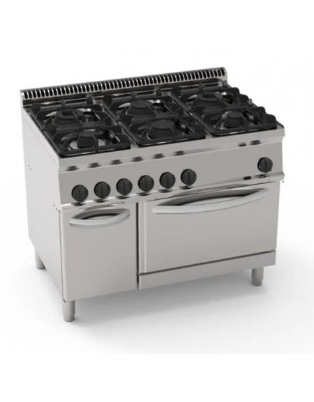 Cucina a gas 6 fuochi, forno elettr. GN 2/1, fuochi aperti 2x7,2+2x3,3+2x4,5 n°x kw - cam. forno cm 57,5x65x30 - cm 105x70x85h