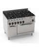 Cucina a gas 6 fuochi, 2x7,2Kw+2x3,3Kw+2x4,5Kw - su forno a gas statico GN2/1 - dim. camera cm 57,5x65x30h - cm 105x70x85h