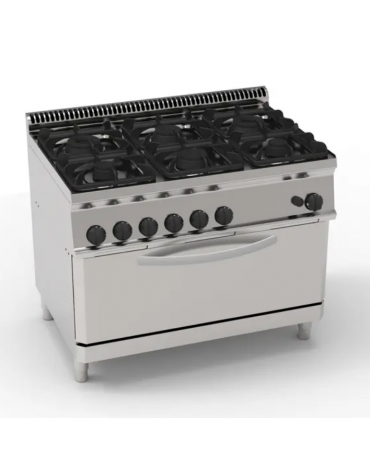 Cucina a gas 6 fuochi, 2x7,2Kw+2x3,3Kw+2x4,5Kw - su forno a gas statico Full-size - camera cm 92,5x63x30h - cm 105x70x85h