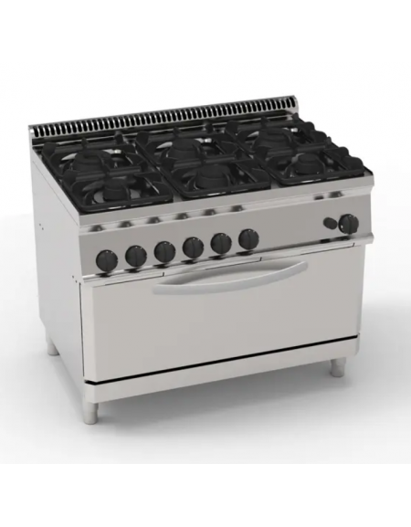Cucina a gas 6 fuochi, 2x7,2Kw+2x3,3Kw+2x4,5Kw - su forno a gas statico Full-size - camera cm 92,5x63x30h - cm 105x70x85h