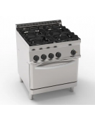Cucina a gas 4 fuochi, forno elettr. GN 1/1, fuochi aperti 1x7,2+1x3,3+2x4,5 n°xkW - cam. forno cm 57,5x51,5x30 - cm 70x70x85h