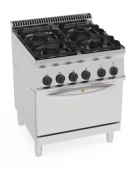 Cucina a gas 4 fuochi, 1x7,2Kw+1x3,3Kw+2x4,5Kw - su forno elettrico statico GN1/1 - camera cm 57,5x65x30h - cm 70x70x85h