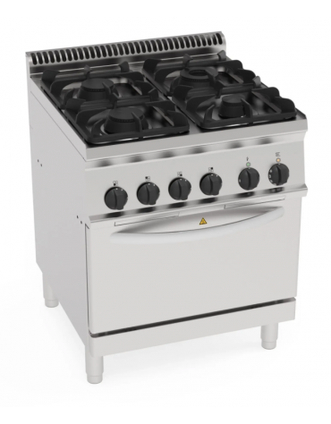 Cucina a gas 4 fuochi, 1x7,2Kw+1x3,3Kw+2x4,5Kw - su forno elettrico statico GN1/1 - camera cm 57,5x65x30h - cm 70x70x85h