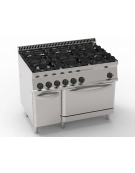 Cucina a gas 6 fuochi, 2x7,2Kw+2x3,3Kw+2x4,5Kw - su forno elettrico ventilato GN1/1 - camera cm 57x51,5x30h - cm 105x70x85h