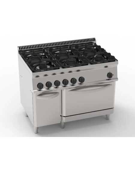 Cucina a gas 6 fuochi, 2x7,2Kw+2x3,3Kw+2x4,5Kw - su forno elettrico ventilato GN1/1 - camera cm 57x51,5x30h - cm 105x70x85h