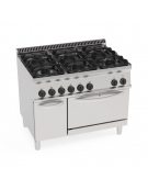 Cucina a gas 6 fuochi, 2x7,2Kw+2x3,3Kw+2x4,5Kw - su forno elettrico statico GN1/1 - dim. camera cm 57,5x65x30h - cm 105x70x85h
