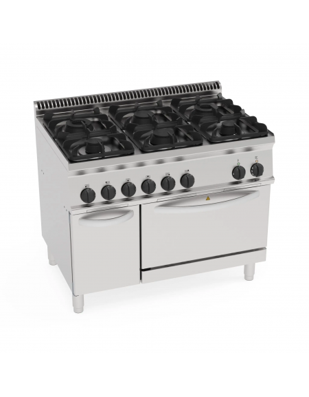 Cucina a gas 6 fuochi, forno elettrico GN 2/1, fuochi aperti 2x7,2+2x3,3+2x4,5 n°xkw - cam. forno cm 57,5x65x30 - cm 105x70x85h