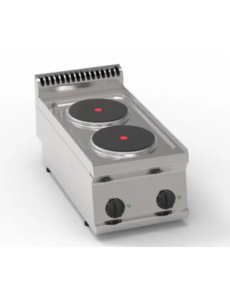 Cucina elettrica da banco in acciaio Inox, 2 piastre ermetiche tonde Ø cm 22 - potenza totale Kw 5,2 trifase - cm 35x70x28h