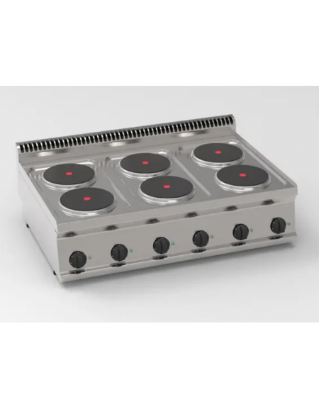 Cucina elettrica da banco in acciaio Inox, 6 piastre ermetiche tonde Ø cm 22 - potenza tot Kw 15,3 trifase - cm 105x70x28h