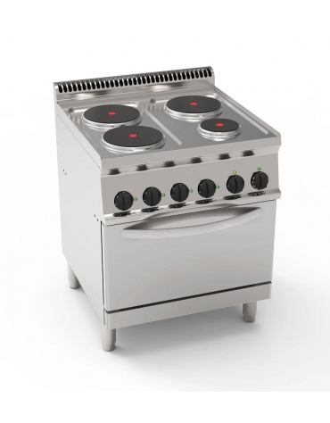 Cucina elettrica 4 piastre ermetiche 3xØ22cm + 1xØ15cm, forno elettrico statico GN2/1 - potenza Kw 14,6 trifase - cm 70x70x85h