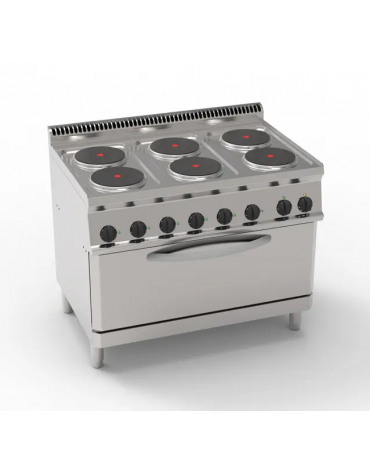 Cucina elettrica trifase-21,9kw, 6 piastre Ø22, su forno elettrico con camera cm 92,5x63x30 -cm 105x70x85h