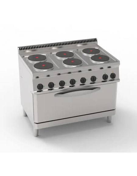 Cucina elettrica trifase-21,9kw, 6 piastre Ø22, su forno elettrico con camera cm 92,5x63x30 -cm 105x70x85h