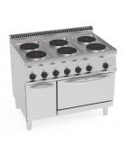 Cucina elettrica trifase-20,6kw, 6 piastre Ø22, su forno elettrico ventilato con camera cm 57x51,5x30 -cm 105x70x85h