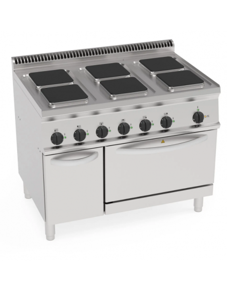 Cucina elettrica 6 piastre ermetiche quadrate, forno elettrico ventilato GN1/1 - potenza tot  Kw 20,6 trifase - cm 105x70X85h