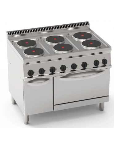 Cucina elettrica trifase-20,3kw, 6 piastre Ø22, su forno elettrico GN2/1 con camera cm 57x65x30 -cm 105x70x85h
