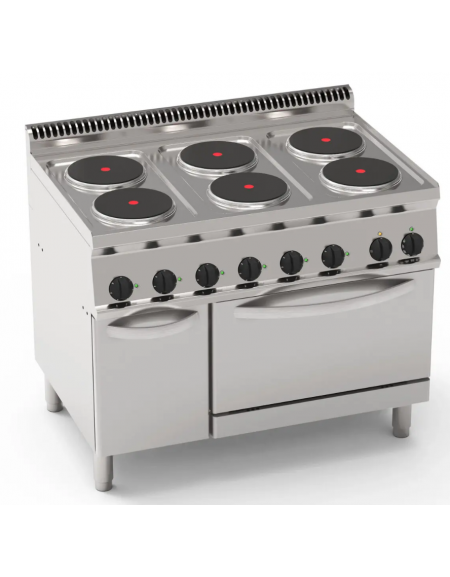 Cucina elettrica trifase-20,3kw, 6 piastre Ø22, su forno elettrico GN2/1 con camera cm 57x65x30 -cm 105x70x85h