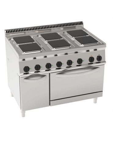 Cucina elettrica 6 piastre ermetiche quadrate cm 22x22 - forno elettrico statico GN2/1 - potenza Kw20,9 trifase - cm 105x70X85h