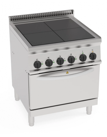 Cucina elettrica trifase-14,7kw, 4 piastre quadre fisse 30x30, forno eletr., camera cm 57,5x65x30  - dim tot. cm 70x70x85h