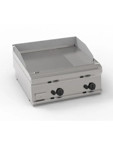 Fry-Top a gas da banco, 2 zone cottura, piastra 1/3 rigata + 2/3 liscia, dim. piastra cm 69,6x56,4 - pot. gas Kw 16 - cm 70x70x2