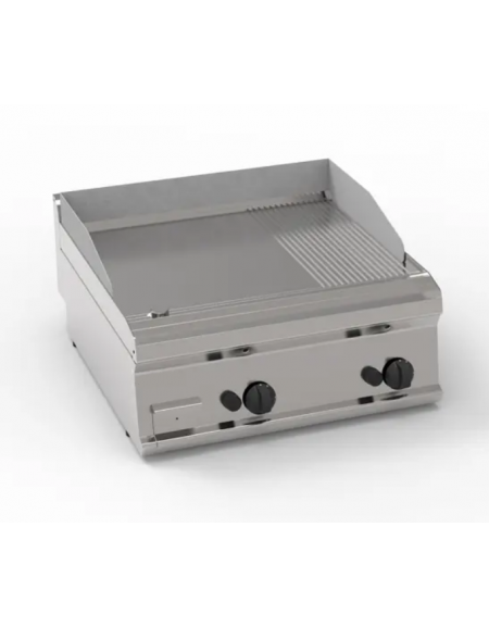 Fry-Top a gas da banco, 2 zone cottura, piastra 1/3rigata + 2/3liscia, piastra cm 69,6x56,4 - potenza gas Kw 14 - cm 70x70x28h