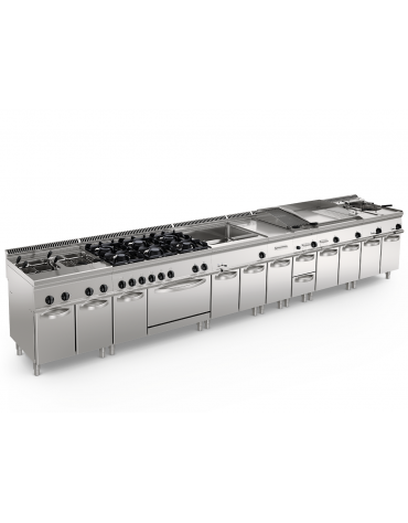 Fry-Top a gas da banco, 2 zone cottura, piastra 1/3 rigata + 2/3 liscia, dim. piastra cm 69,6x56,4 - pot. gas Kw 16 - cm 70x70x2