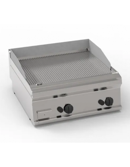 Fry-Top a gas da banco, 2 zona cottura, piastra rigata cm 69,6x56,4, potenza gas Kw 14 - cm 70x70x28h