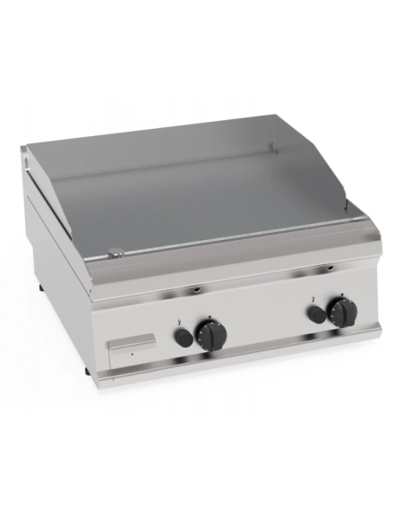 Fry-Top a gas da banco, 2 zona cottura, piastra liscia cromata spazzolata cm 69,6x56,4, potenza gas Kw 14 - cm 70x70x28h