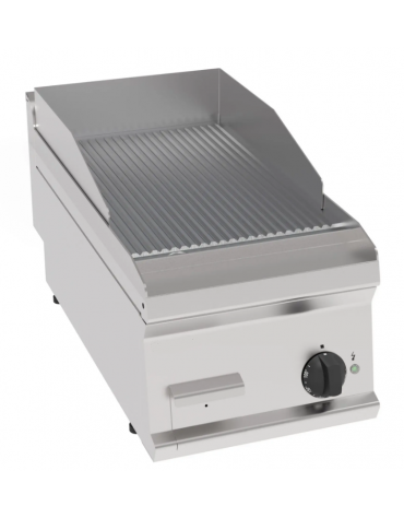 Fry-Top elettrico da banco, 1 zona cottura, piastra rigata spazzolata cm 34,6x56,4, potenza tot. Kw 3,9 trifase - cm 35x70x28h