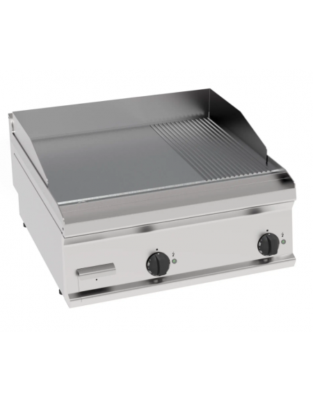 Fry-Top elettrico da banco, 2/3 liscio + 1/3 rigato cromato spazzolato, 2 zone cottura - potenza tot Kw 7,8 trifase - cm 70x70x2