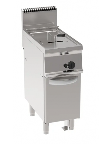 Friggitrice a gas Lt 13 su mobile - 1 vasca con fondo a "V" da cm 24x34,2x31,5h - potenza totale Kw 12 - cm 35x70x85h