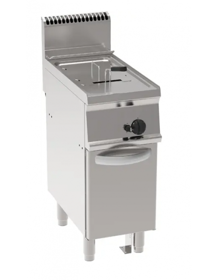 Friggitrice a gas Lt 13 su mobile - 1 vasca con fondo a "V" da cm 24x34,2x31,5h - potenza totale Kw 12 - cm 35x70x85h