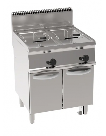 Friggitrice a gas su mobile - 2 vasca da Lt 13+13, con fondo a "V" - potenza tot. 24 kw - dim. tot. cm 70x70x85h