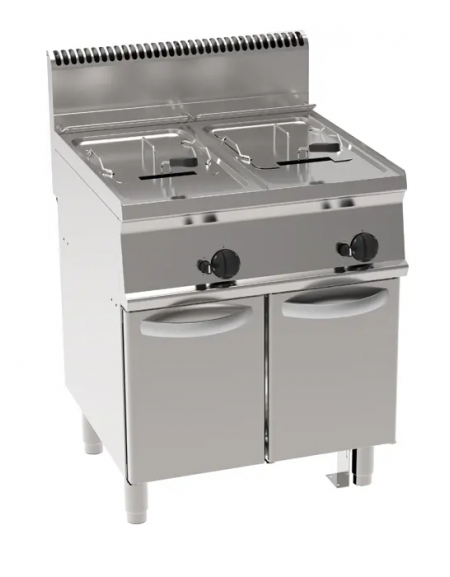 Friggitrice a gas su mobile - 2 vasche da Lt 13+13, con fondo a "V"  - potenza totale 24 kw - cm 70x70x85h Friggitrice a gas su mobile - 2 vasche da Lt 13+13, con fondo a "V"  - potenza totale 24 kw - cm 70x70x85h