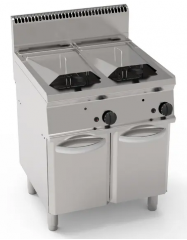 Friggitrice a gas su mobile, 2 vasche da Lt 14+14, con scambiatori di calore - potenza totale 23 kw - cm 70x70x85h