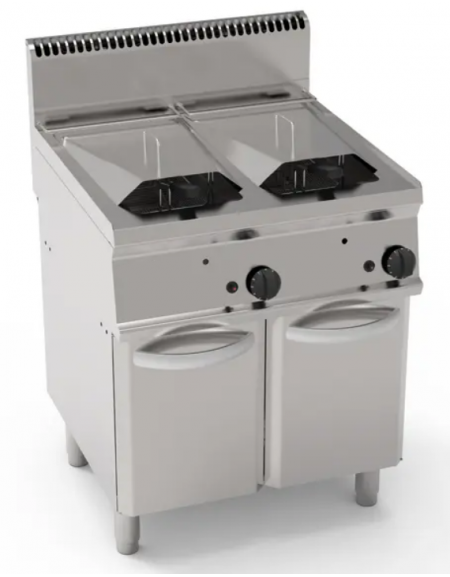 Friggitrice a gas su mobile, 2 vasche da Lt 14+14, con scambiatori di calore - potenza totale 23 kw - cm 70x70x85h Friggitrice a gas su mobile, 2 vasche da Lt 14+14, con scambiatori di calore - potenza totale 23 kw - cm 70x70x85h