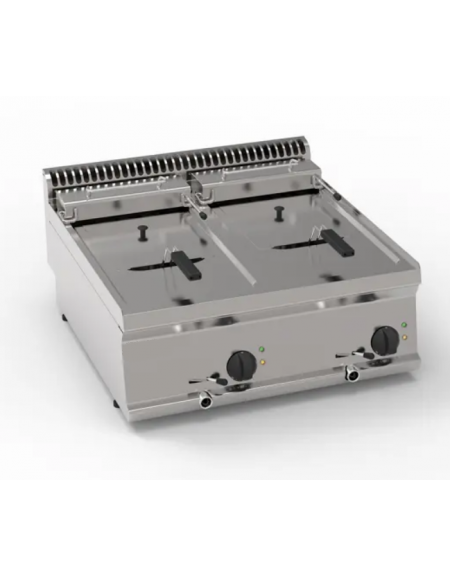 Friggitrice elettrica da banco, 2 vasche Lt 8+8, con elementi riscaldanti in vasca basculanti - trifase Kw 15 - cm 70x70x28h