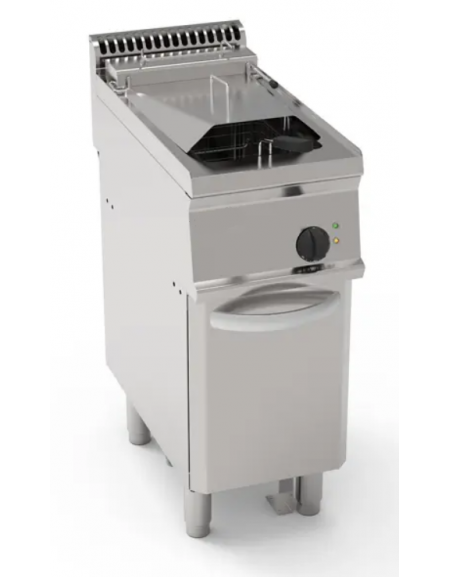 Friggitrice elettrica su mobile, 1 vasca Lt 8, con elementi riscaldanti in vasca basculanti, trifase Kw 10,8 - cm 35x70x85h