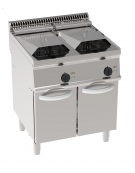 Friggitrice elettrica su mobile, 2 vasche Lt 14+14, con elementi riscaldanti in vasca basculanti, trifase Kw 21,6 - cm 70x70x85h