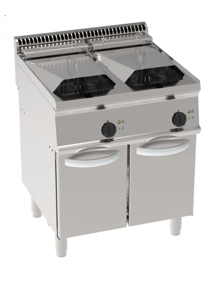 Friggitrice elettrica su mobile, 2 vasche Lt 14+14, con elementi riscaldanti in vasca basculanti, trifase Kw 21,6 - cm 70x70x85h