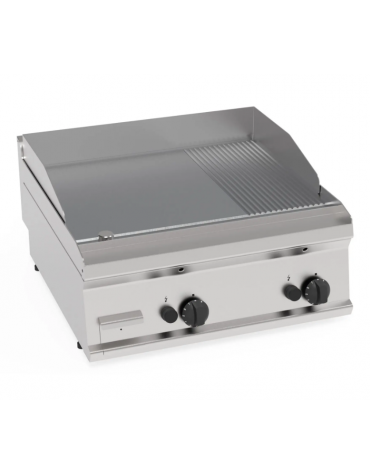 Fry-Top a gas da banco, piastra 2/3 liscia e 1/3 rigata cromata spazzolata, zona cottura cm 69,6x56,4 - gas Kw 14 - cm 70x70x28h