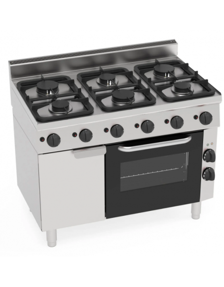 Cucina a gas 6 fuochi su forno ventilato monofase GN1/1, camera cm 46x41,5x32h, 1 griglia e 1 teglia - cm 105x65x85h