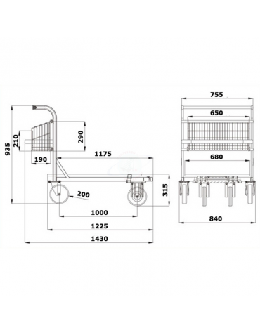 Carrello con ripiano in rete zincata elettrosaldata -  4 ruote (2 fisse - 2 girevoli) gomma piena Ø cm 20 - piano cm 70x110